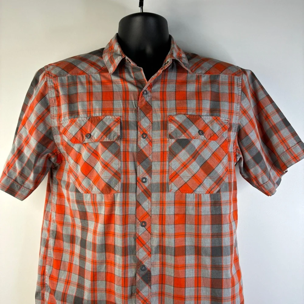 The North Face Men's Small Short Sleeve Plaid‎ Snap Front Western Shirt Orange